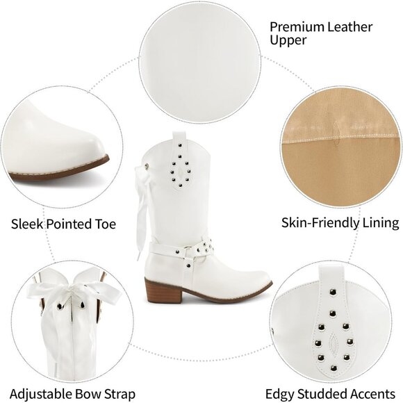 Women's White Western Leather Mid Calf Fashion Chunky Cowgirl Pointed Toe Boot - Picture 4 of 7